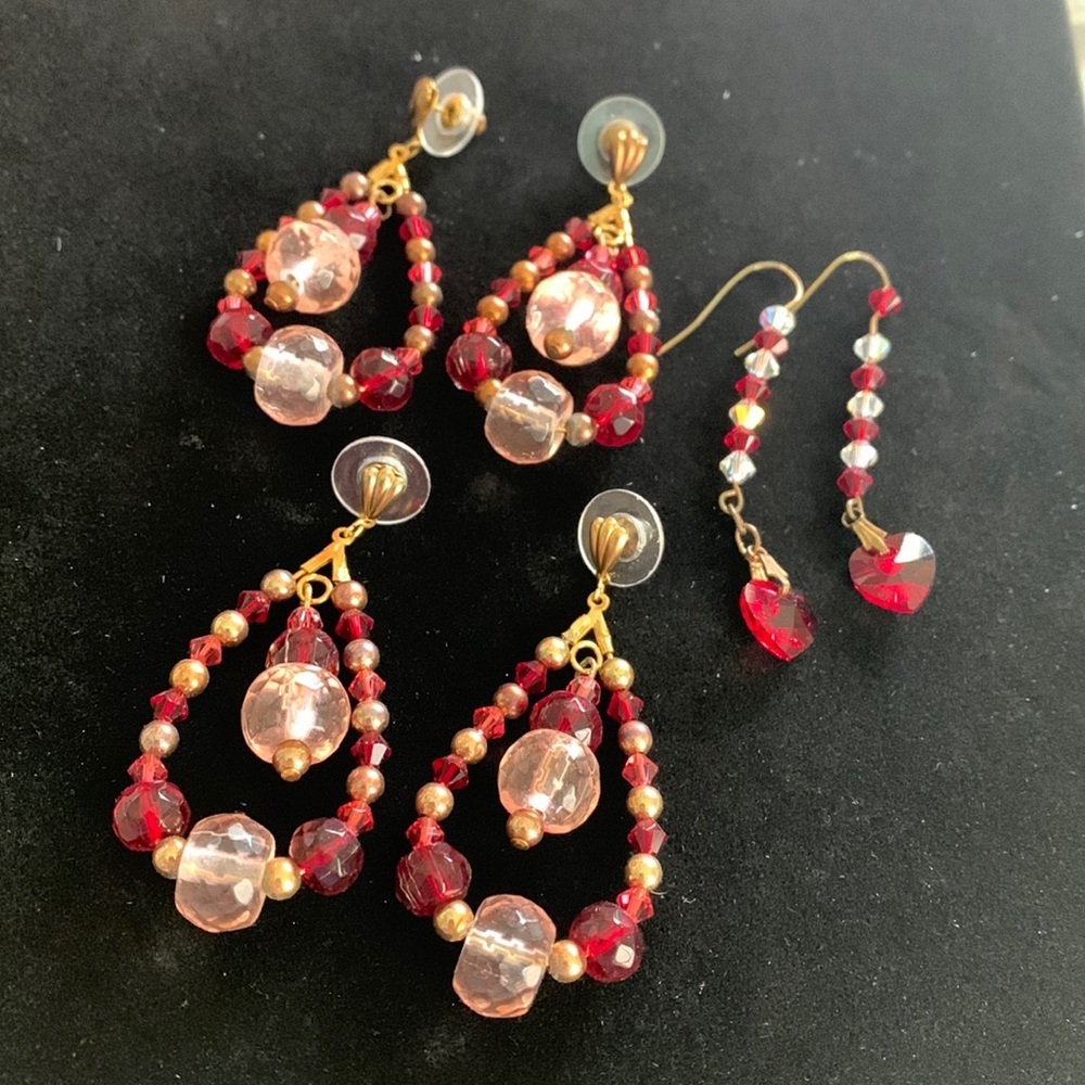 Three‎ pairs of Handmade Red/Pink Beaded Dangle/Drop Earrings